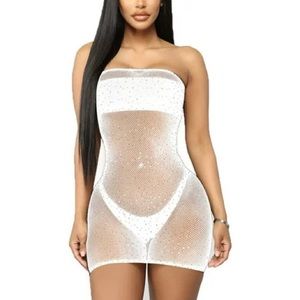 New White Rhinestone Sheer Fishnet Stretchy Tube Dress One Size
